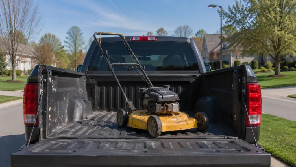 loading a broken yellow lawn mower into a pickup truck bed