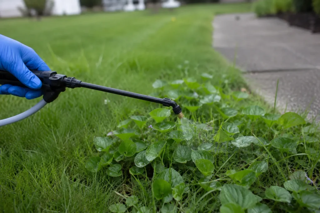 creeping charlie vs wild violet — applying liquid herbicide to a broadleaf weed patch
