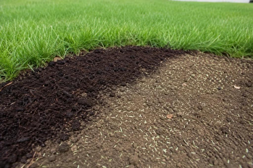 Peat moss on top of grass seed — thin layer protecting new grass seed