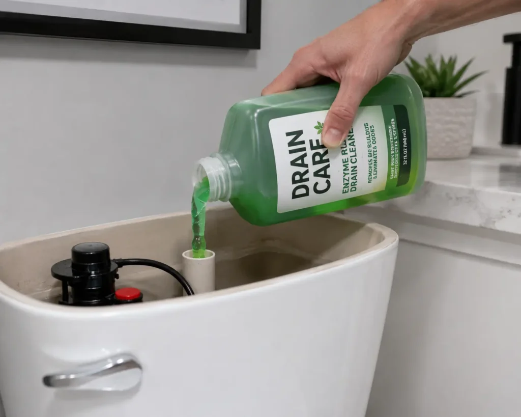 Pouring enzyme drain gel to kill drain flies in toilet plumbing