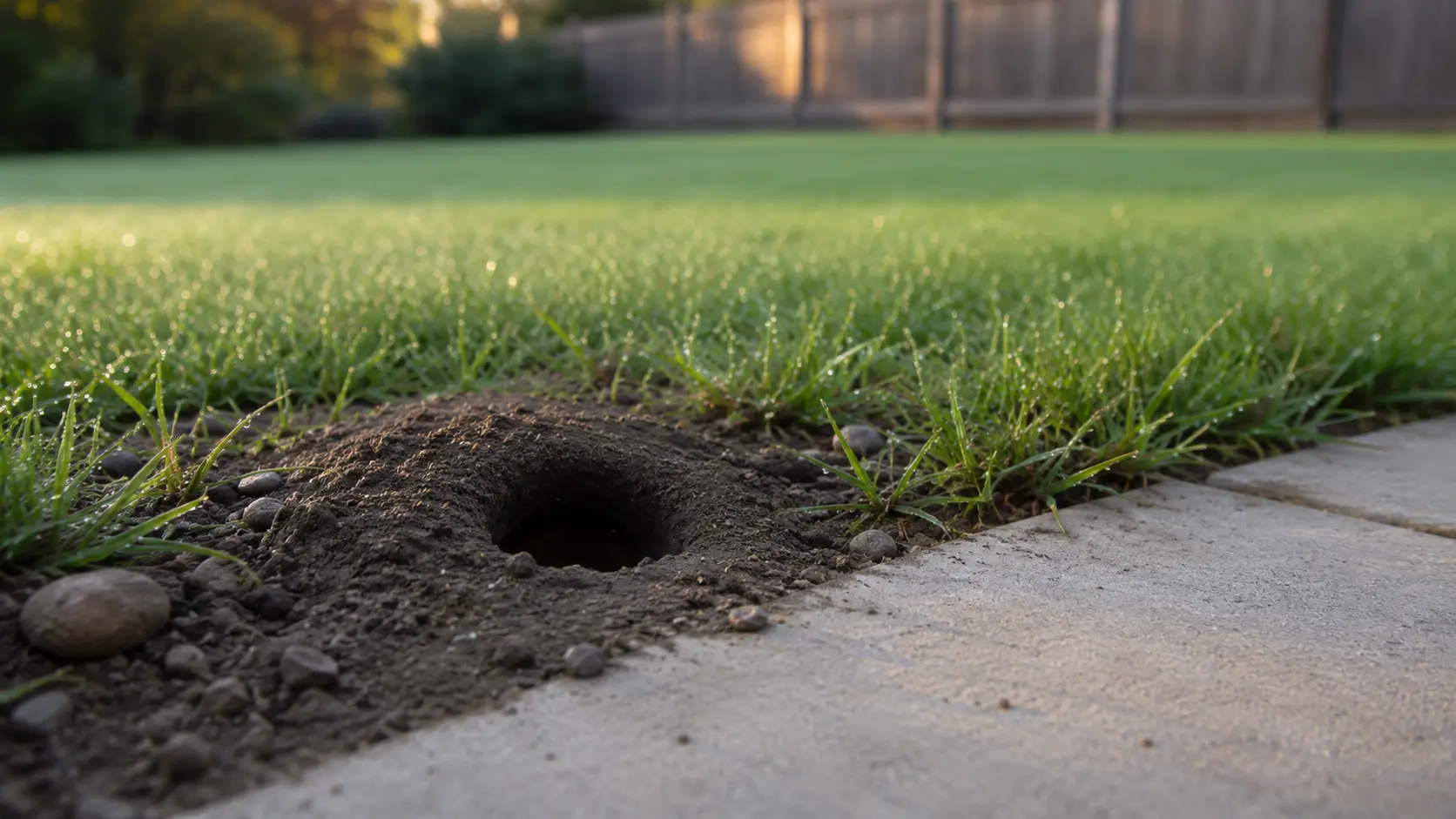 Close up of a two inch chipmunk damage burrow hole near a patio.