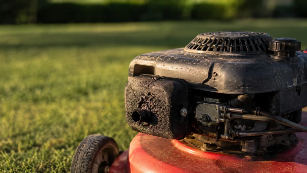 Black soot on a lawn mower muffler indicating a rich fuel mixture.