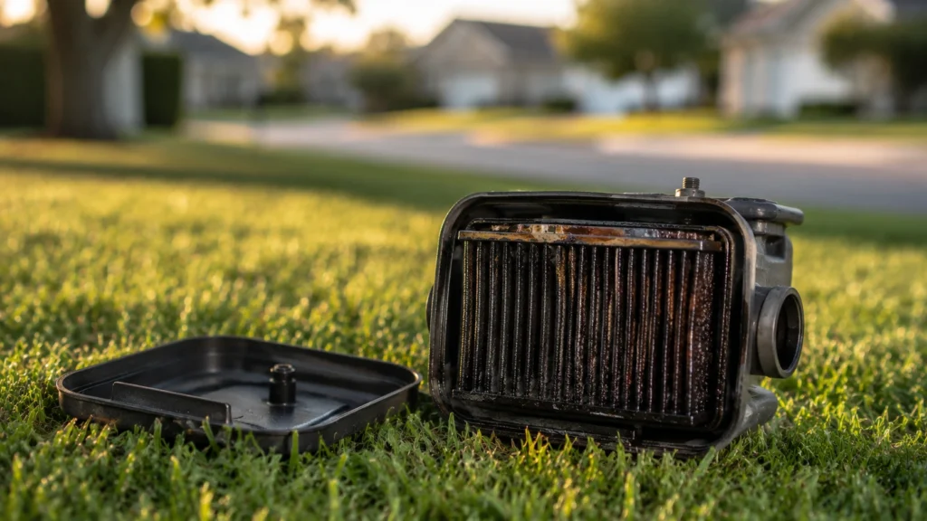 Oiled paper air filter from a lawn mower on grass.