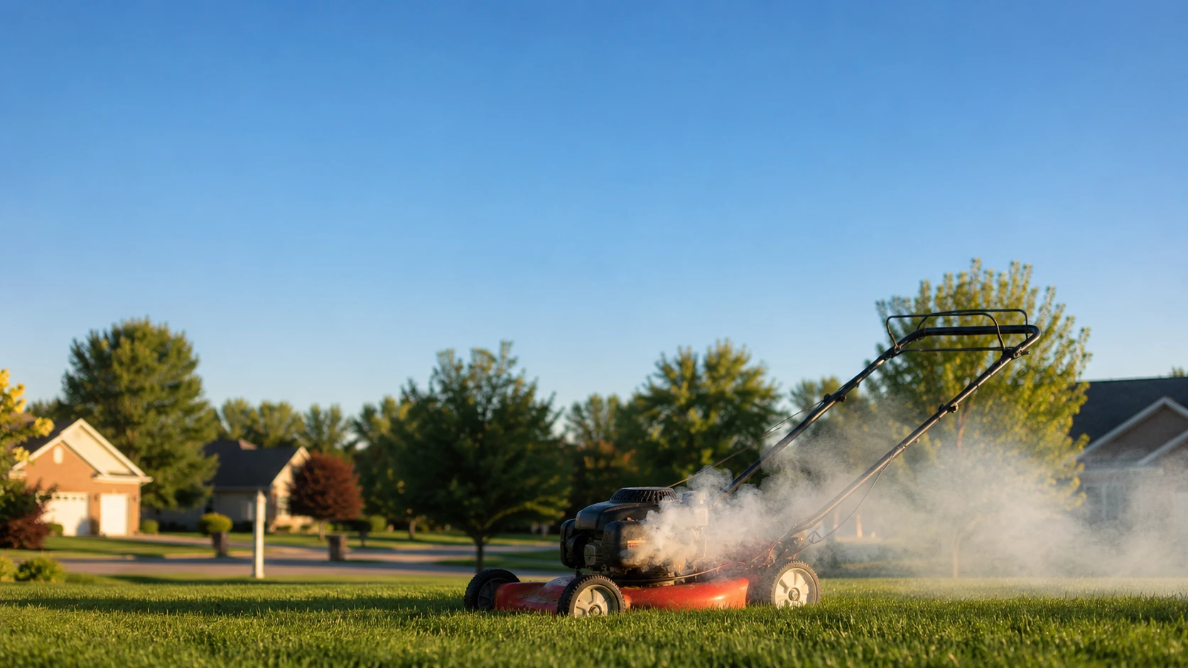 Push lawn mower blowing thick white smoke on an American lawn.