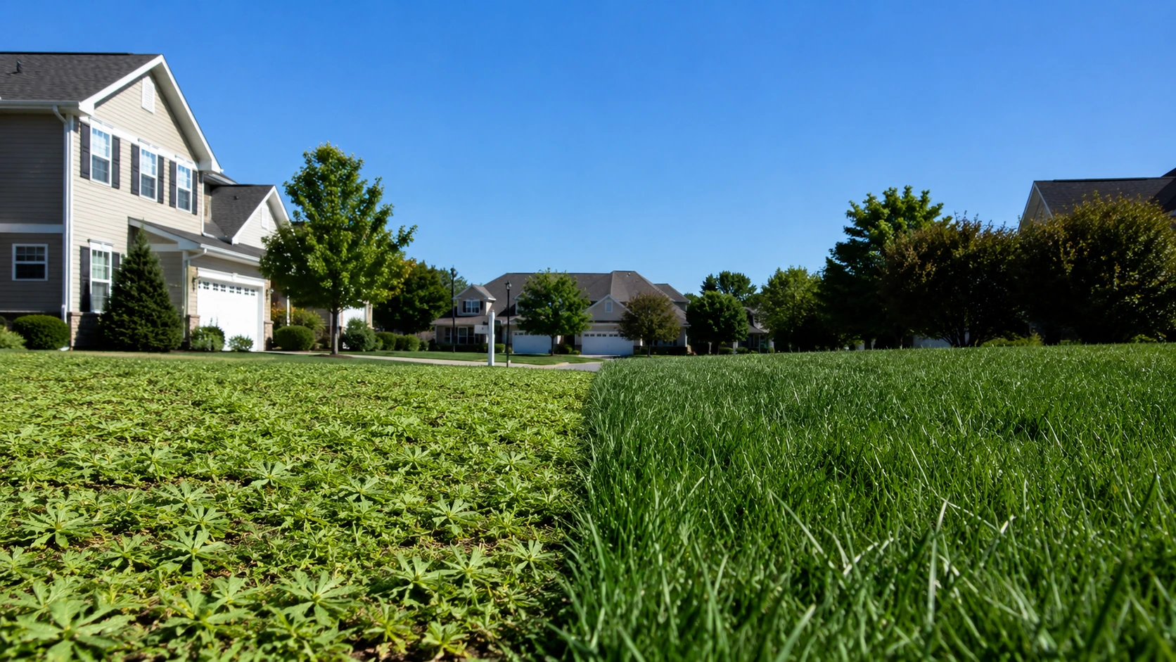 Side by side comparison of crabgrass vs tall fescue in lawn.