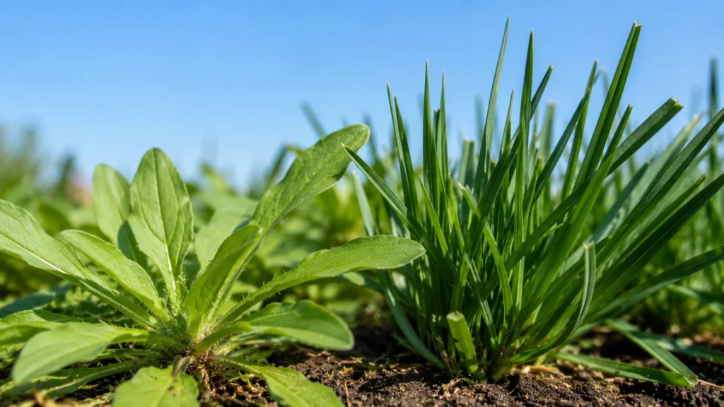 Close up leaf structure of crabgrass and tall fescue blades.