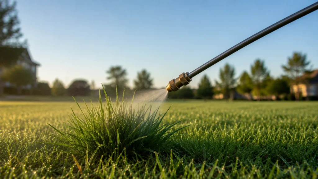 Spraying liquid herbicide onto a grassy lawn weed.