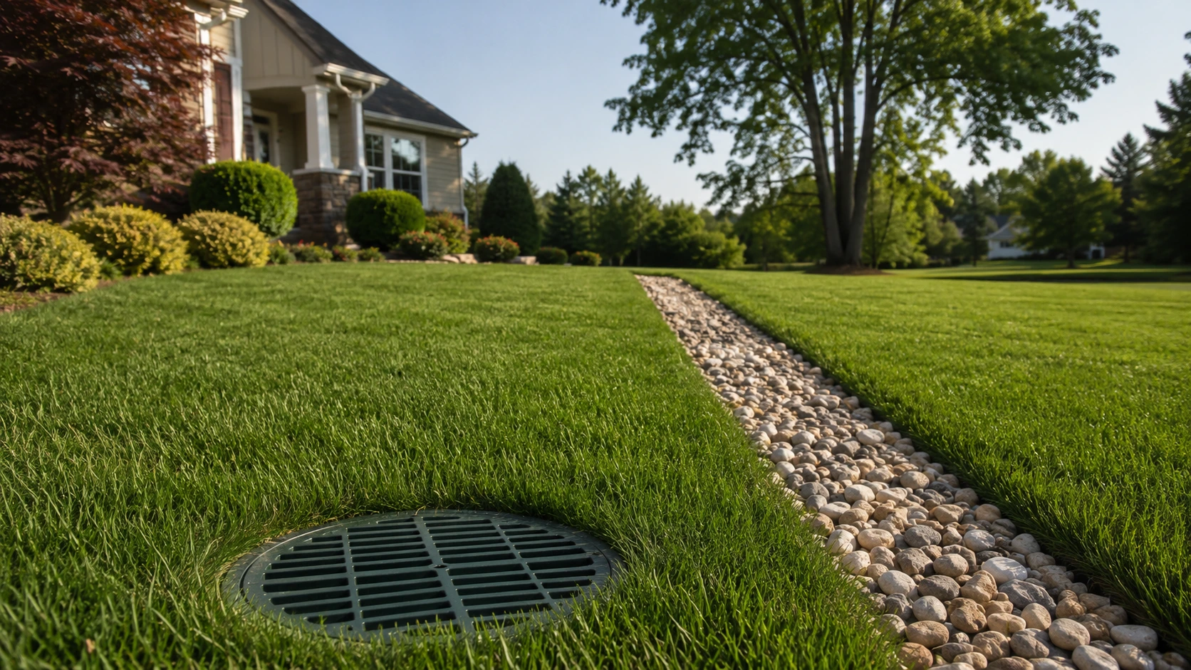 Catch basin grate and french drain gravel trench in green lawn