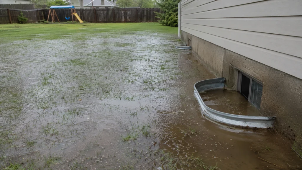 Severe pooling water next to concrete foundation in yard