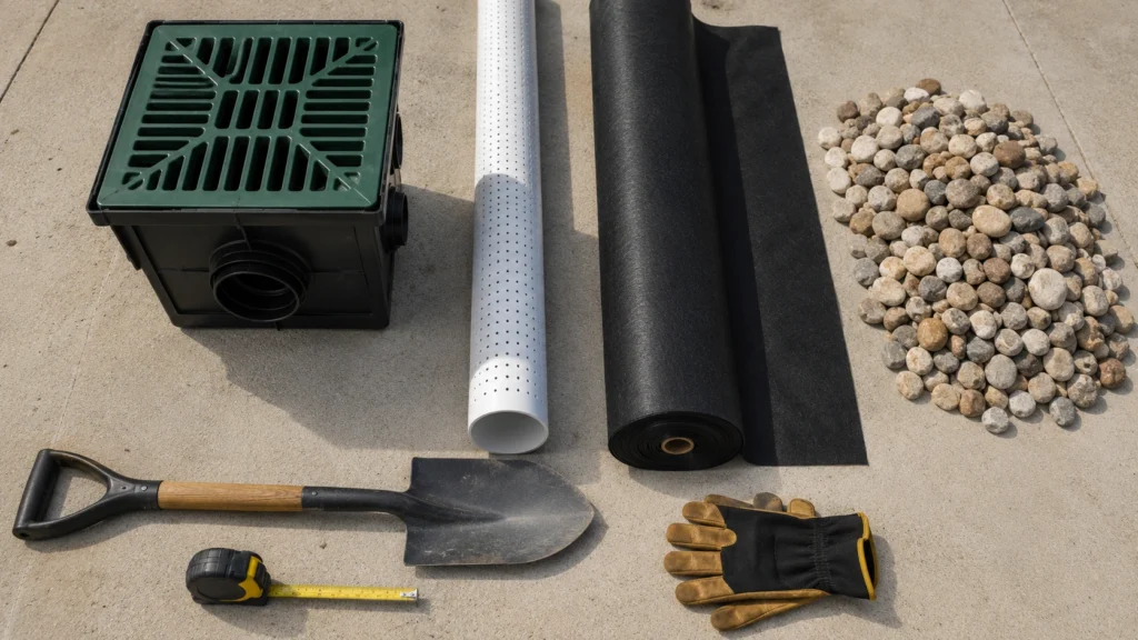 Catch basin, PVC pipe, and river gravel on driveway