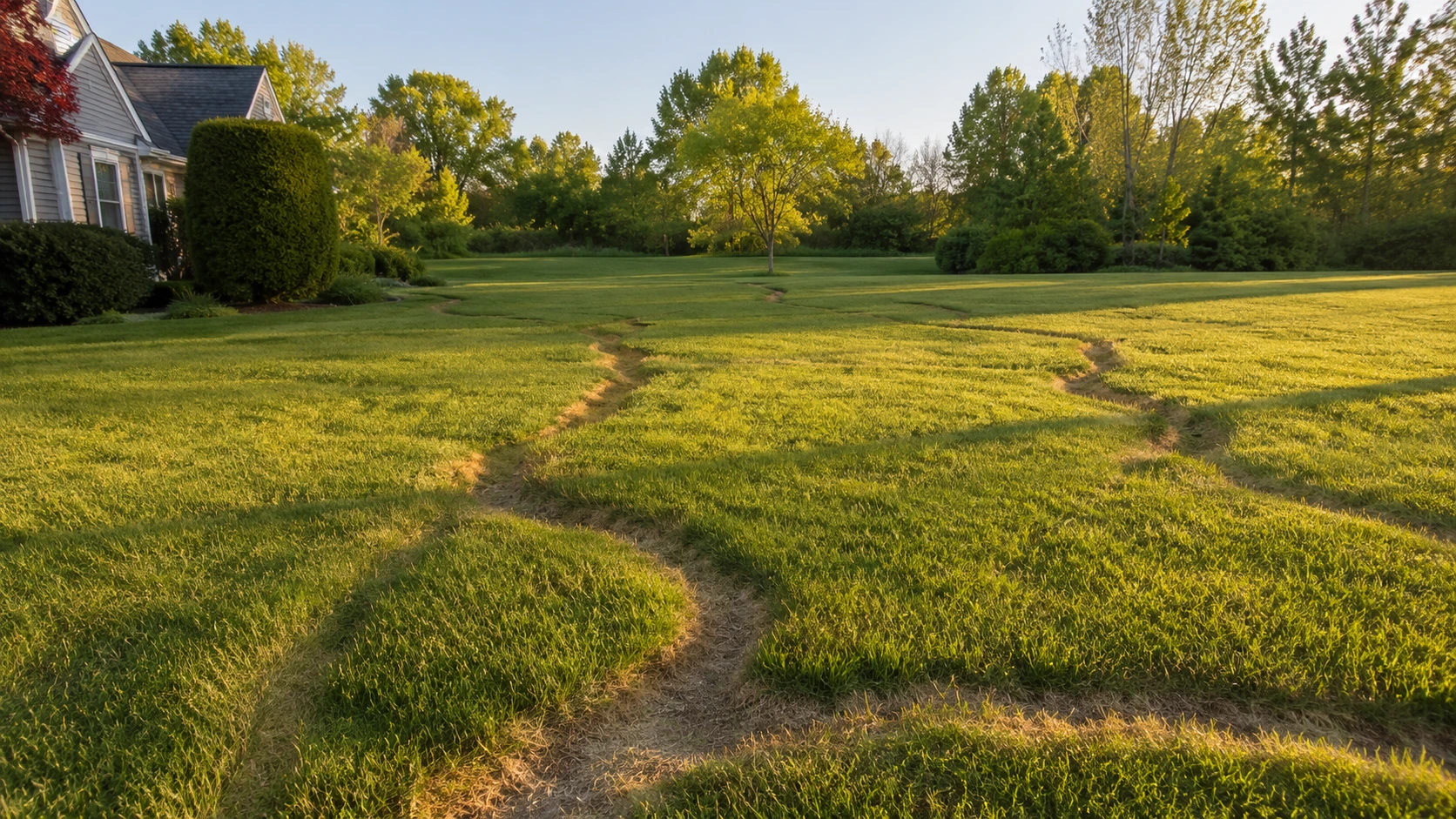 Winding brown vole runways damaging a green suburban lawn