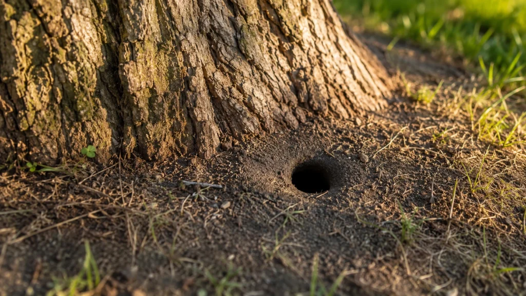 Small clean round vole burrow hole near tree roots