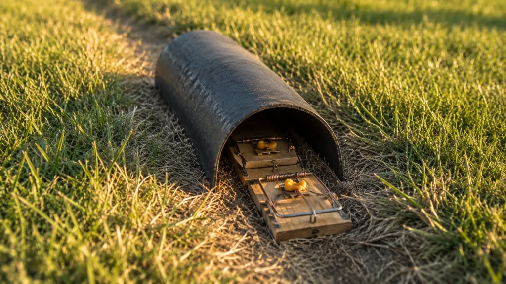 Snap traps placed inside a surface runway in the grass