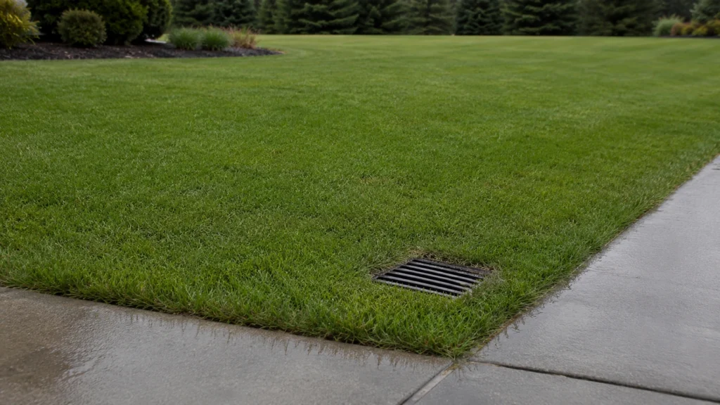 Catch basin installed in a green lawn for proper yard drainage.