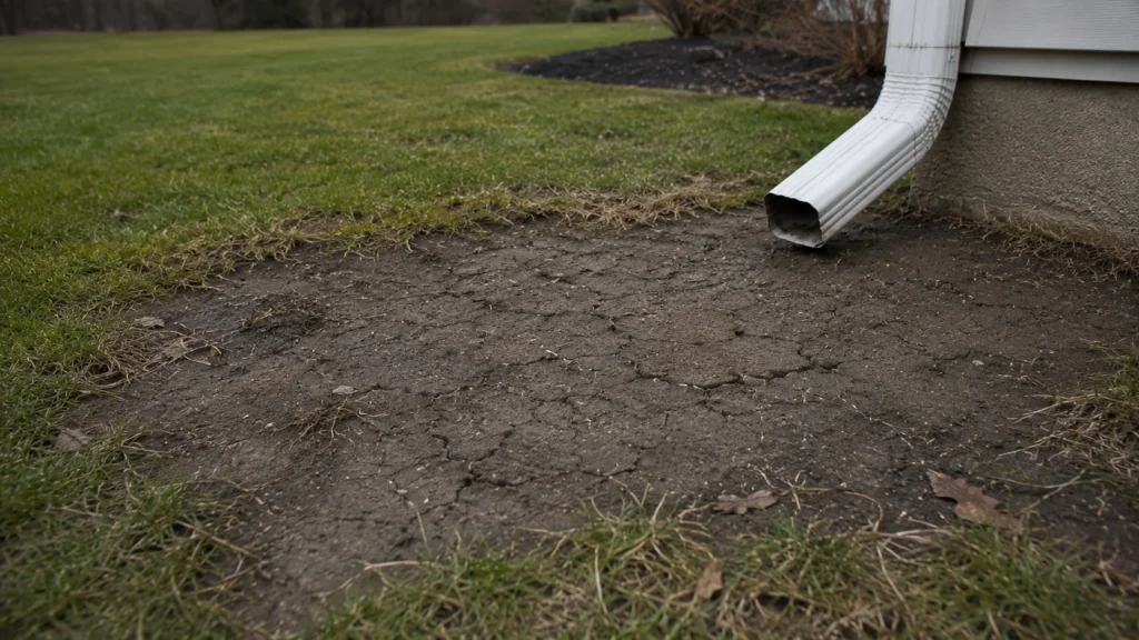 Compacted soil under a house downspout causing standing water issues.