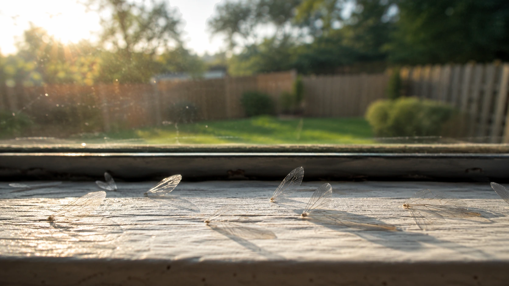 Discarded wings on a windowsill indicating termite swarmers inside a home.