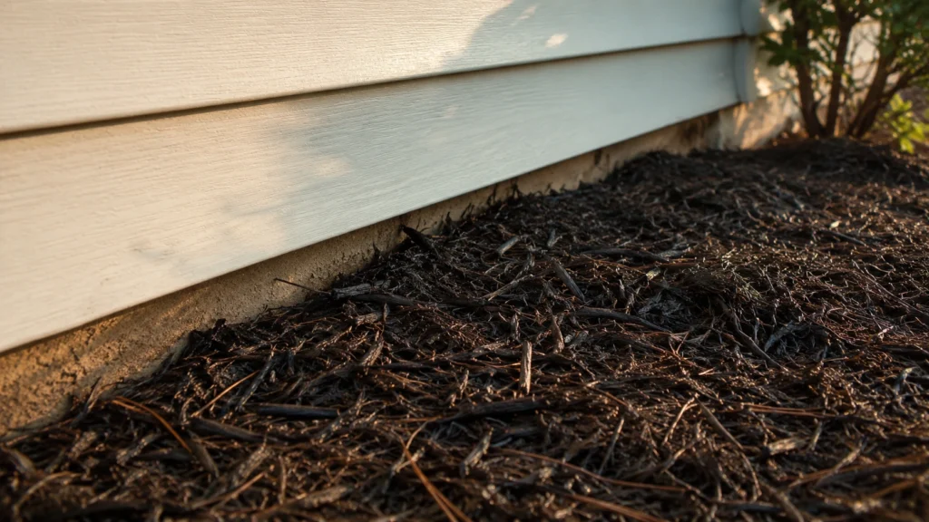 Thick mulch piled against home siding creating a termite entry point.