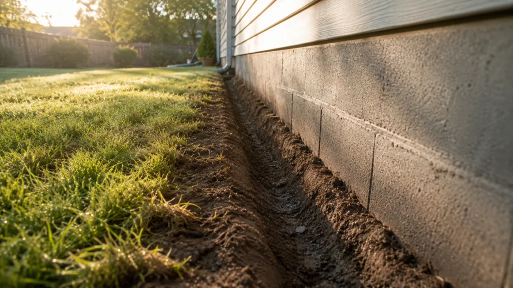 Foundation trench dug in a yard for exterior liquid termite treatment.