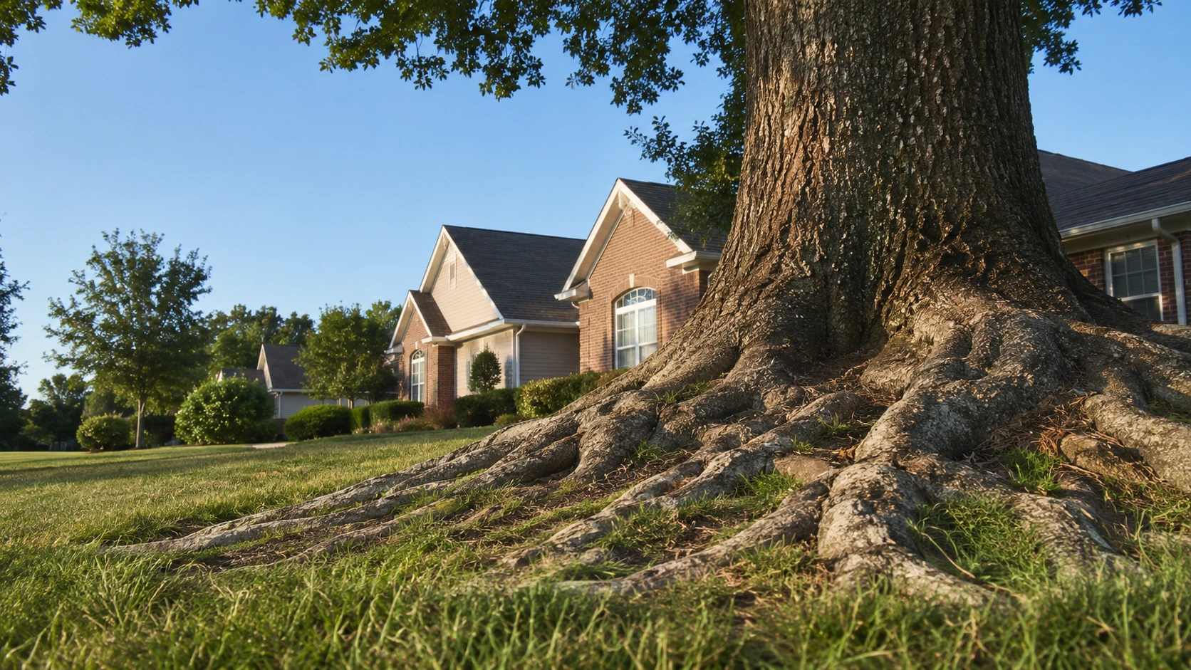 Large exposed tree roots breaking through grass in a residential yard