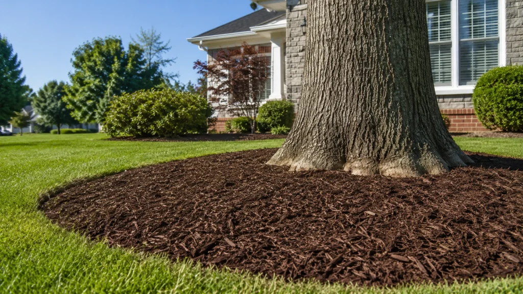 Proper mulch bed around a tree base hiding exposed roots