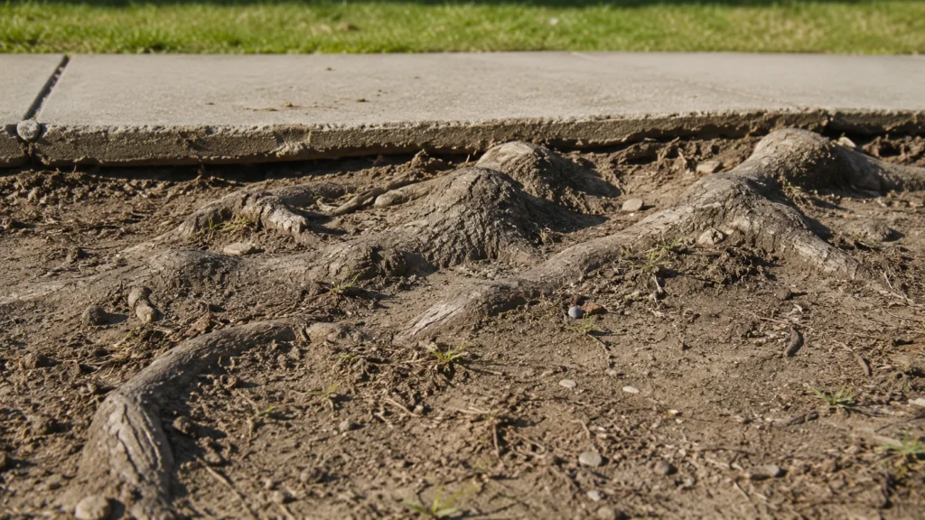 Thick tree roots pushing through dry compacted soil near a sidewalk