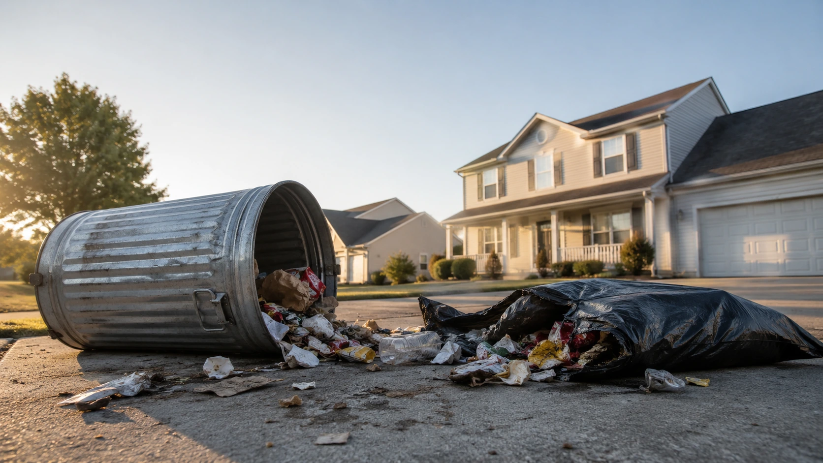 Overturned trash can on suburban driveway showing raccoon damage