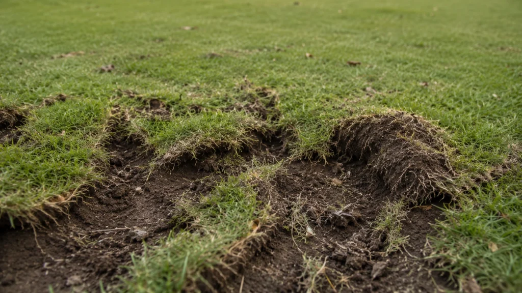 Rolled back lawn sod showing typical raccoon grub hunting damage