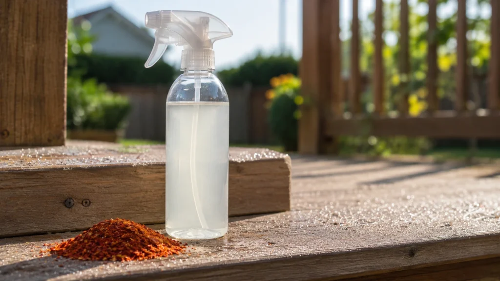 Spray bottle of peppermint and cayenne DIY raccoon repellent