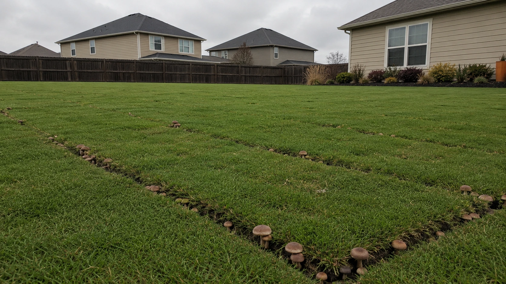 Fleshy mushrooms growing along seams of newly laid green sod