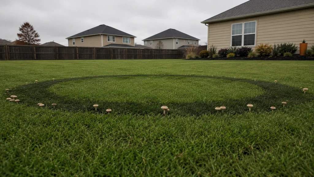 Fairy ring disease showing dark circles in a suburban lawn