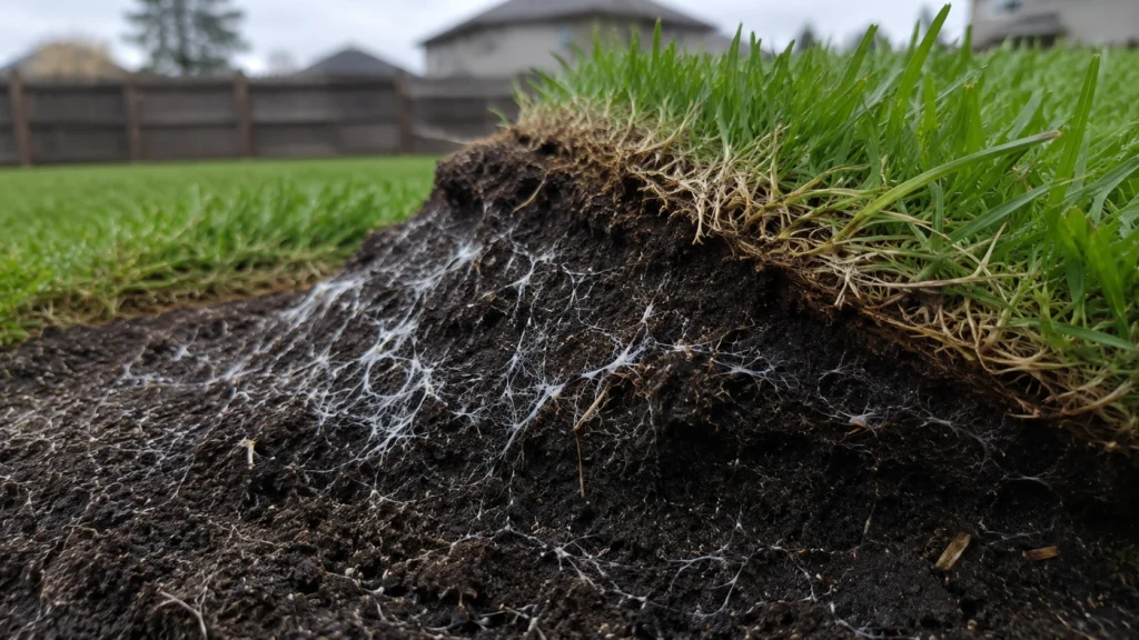 Damp soil and compost layer beneath a freshly laid sod roll