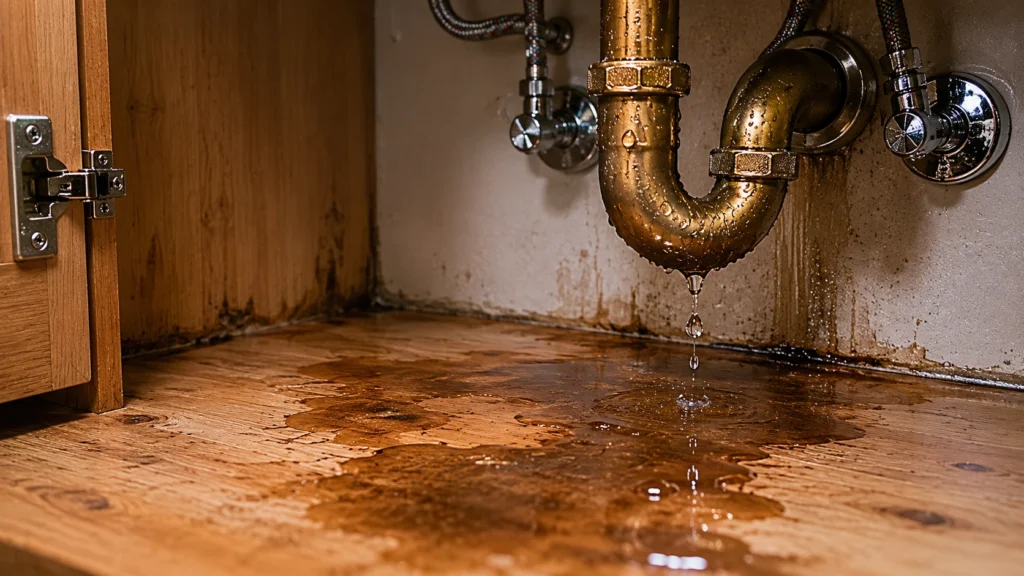 Damp wood under bathroom vanity cabinet causing pest infestations.