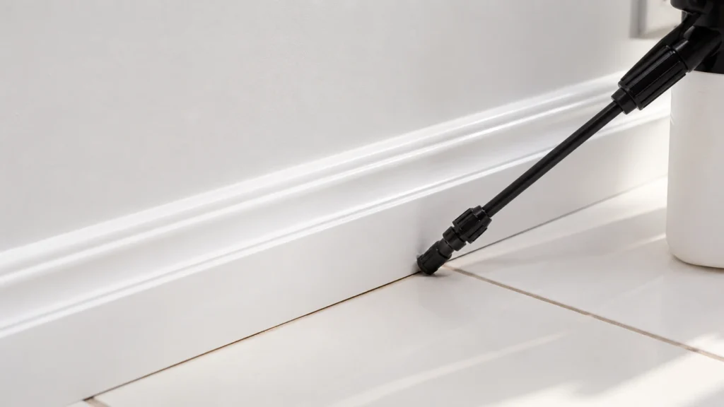 Applying indoor pest control spray along bathroom baseboards.