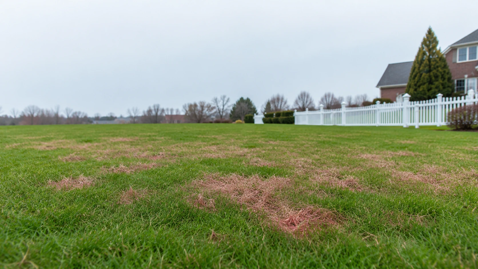 Large tan and pink lawn patches indicating red thread fungus disease.