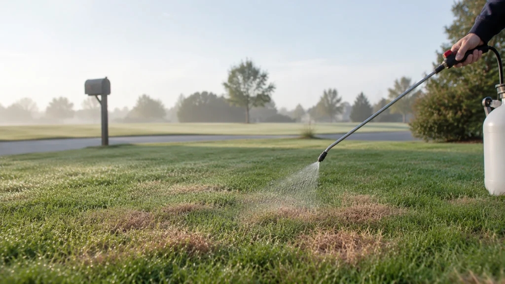 Applying liquid lawn fungicide with a pump sprayer.