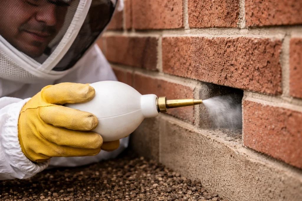 Applying insecticidal dust to get yellow jackets out of a wall