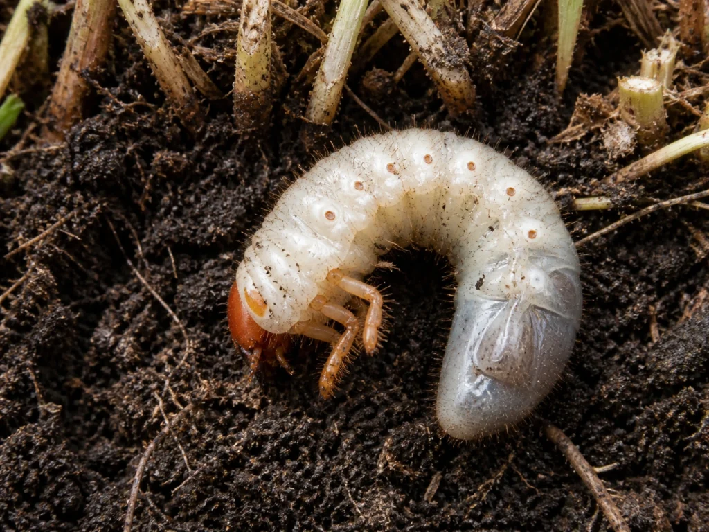 White C-shaped lawn grub exposed in soil indicating when to put down GrubEx