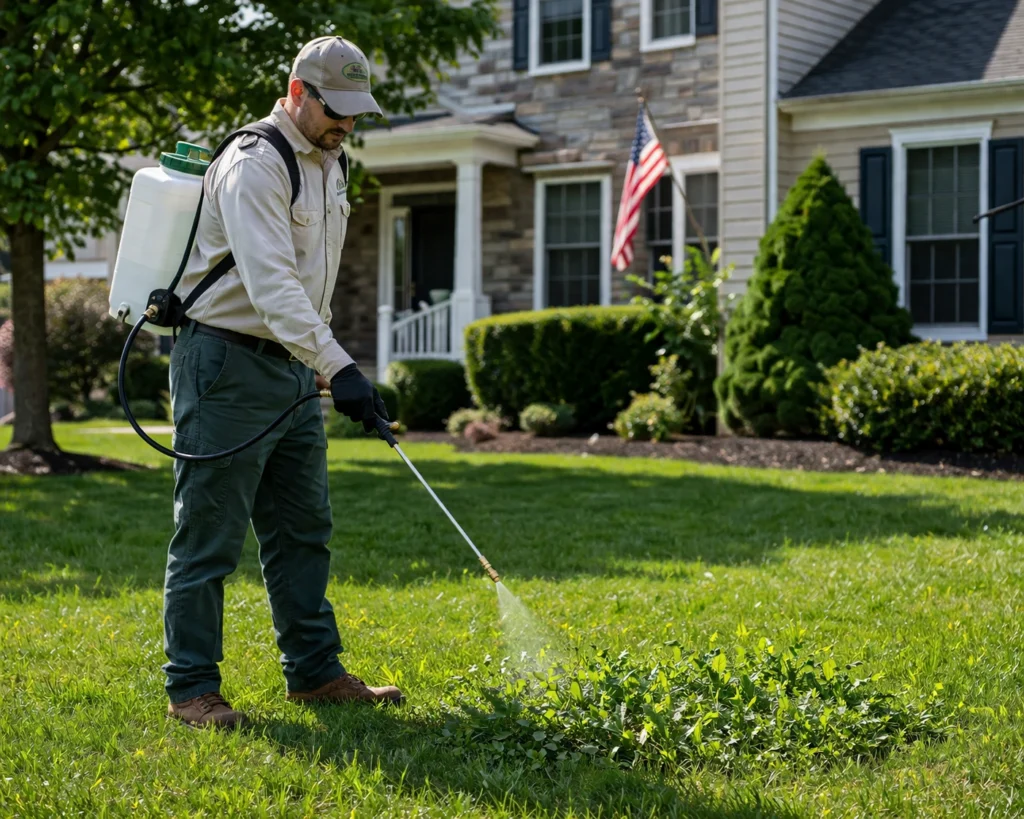 Professional spraying roundup on weeds with proper safety gear