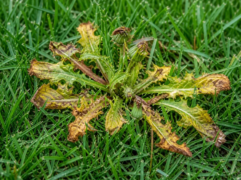 Signs of dying weeds after spraying roundup showing yellowing leaves