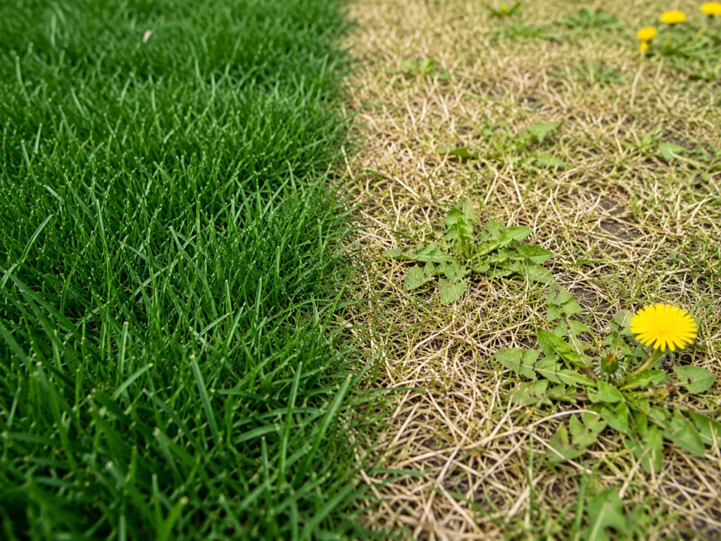 Contrast between healthy green grass and nutrient depleted lawn with emerging broadleaf weeds