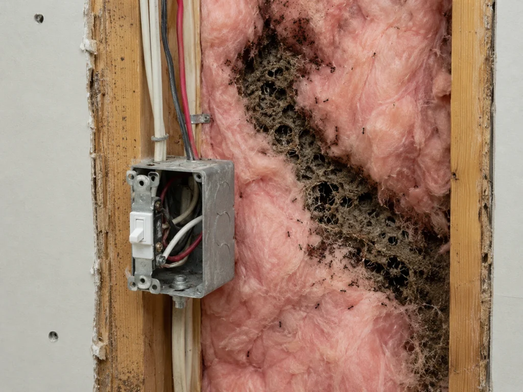 Diagram showing ant colony nesting behind drywall near electrical wiring