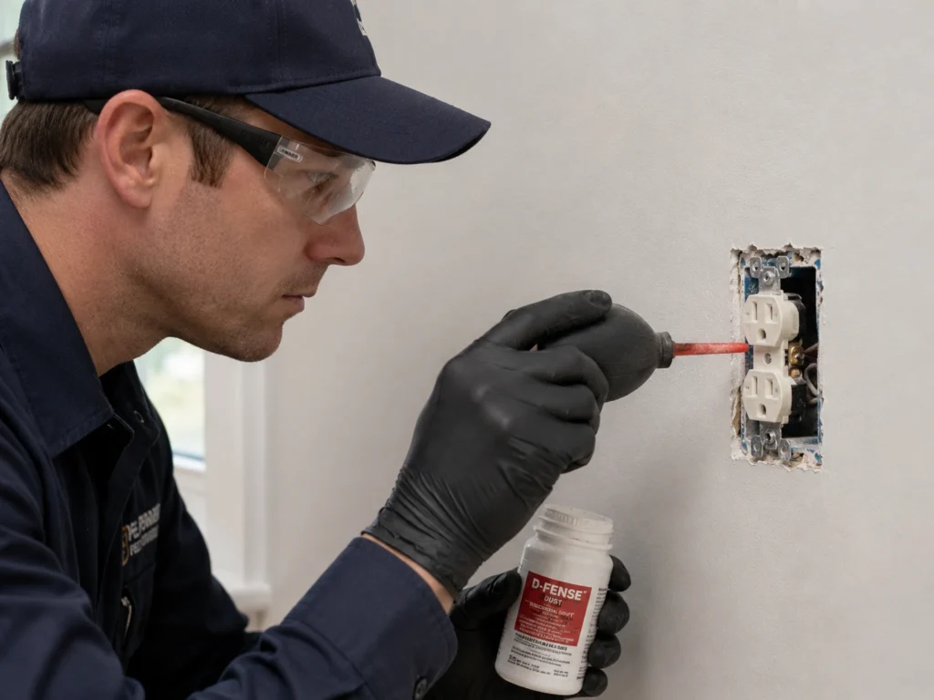 Exterminator applying insecticidal dust behind electrical outlet faceplate