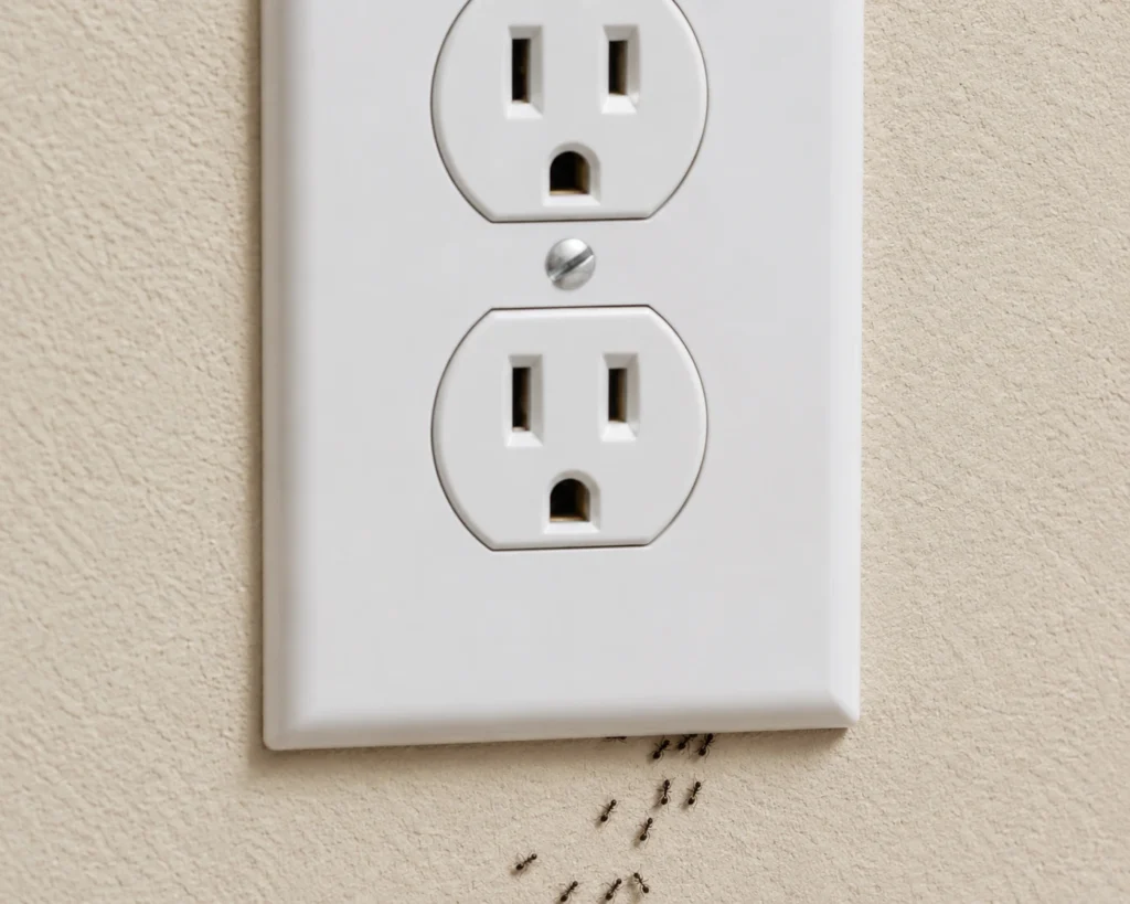 Small black ants crawling out of a residential electrical outlet on a white wall