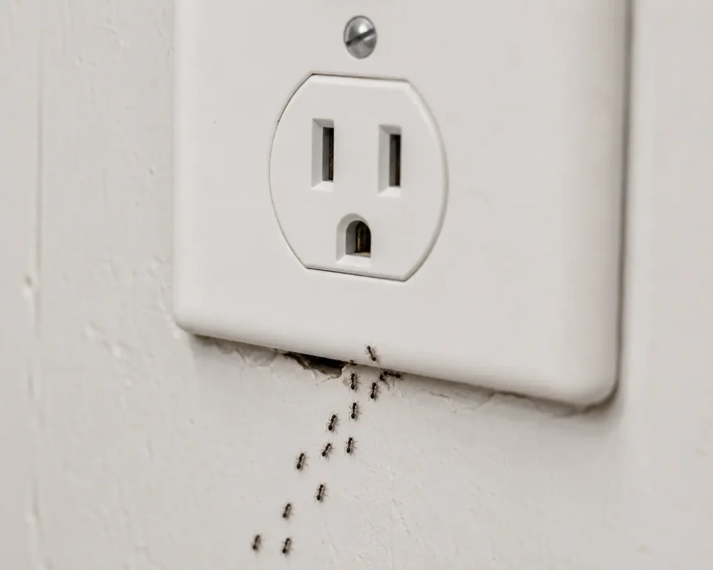 Worker ants trailing from an ants nest in wall void behind an electrical plate.