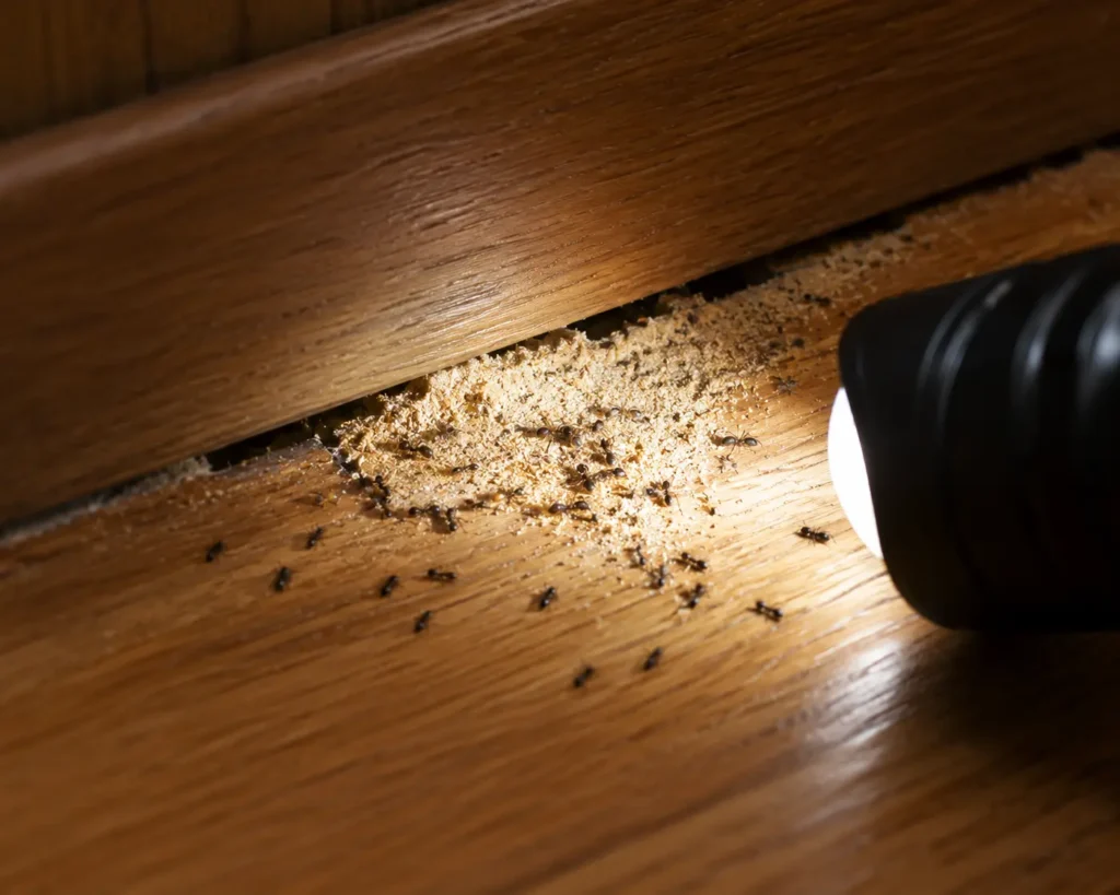 Identifying frass from an ants nest in wall baseboard.