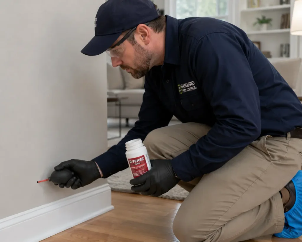Exterminator applying dust treatment to eradicate an ants nest in wall.