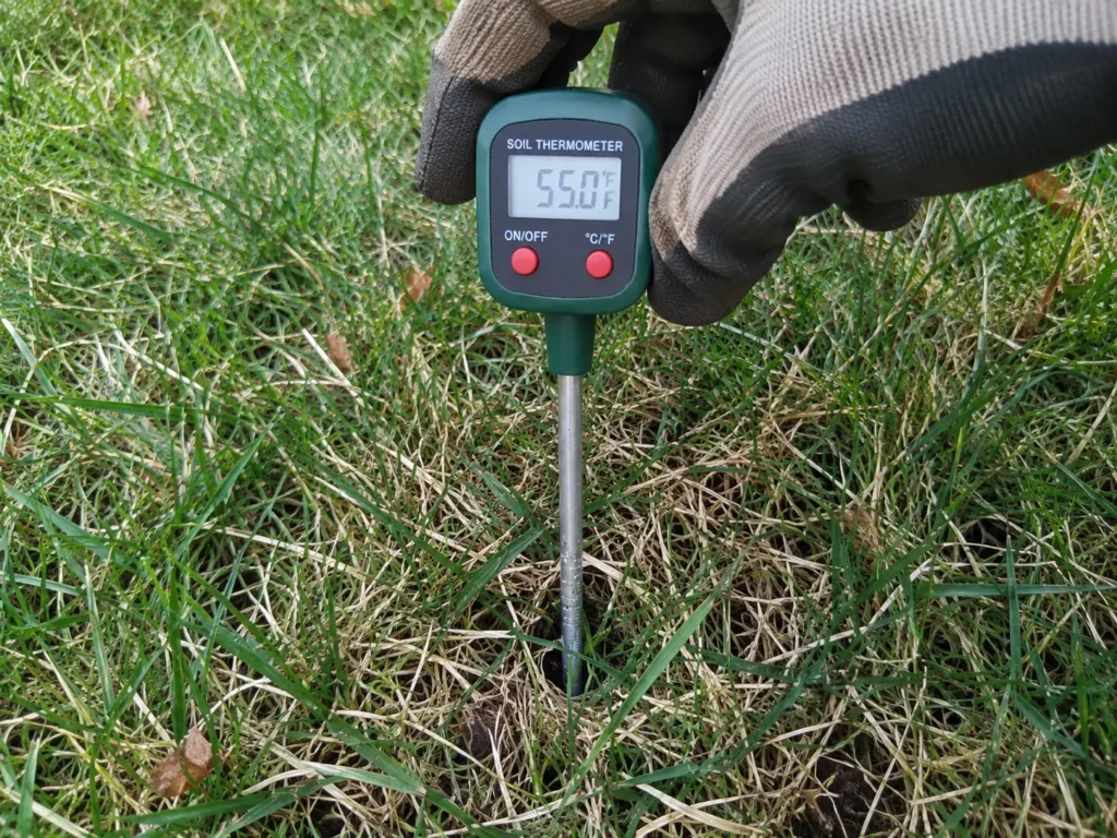 Measuring soil temperature to know when to weed and feed the lawn
