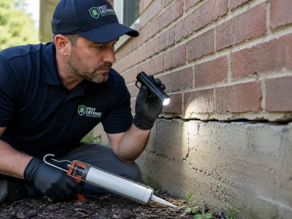 A pest control expert sealing foundation cracks to prevent water bugs from getting in your house