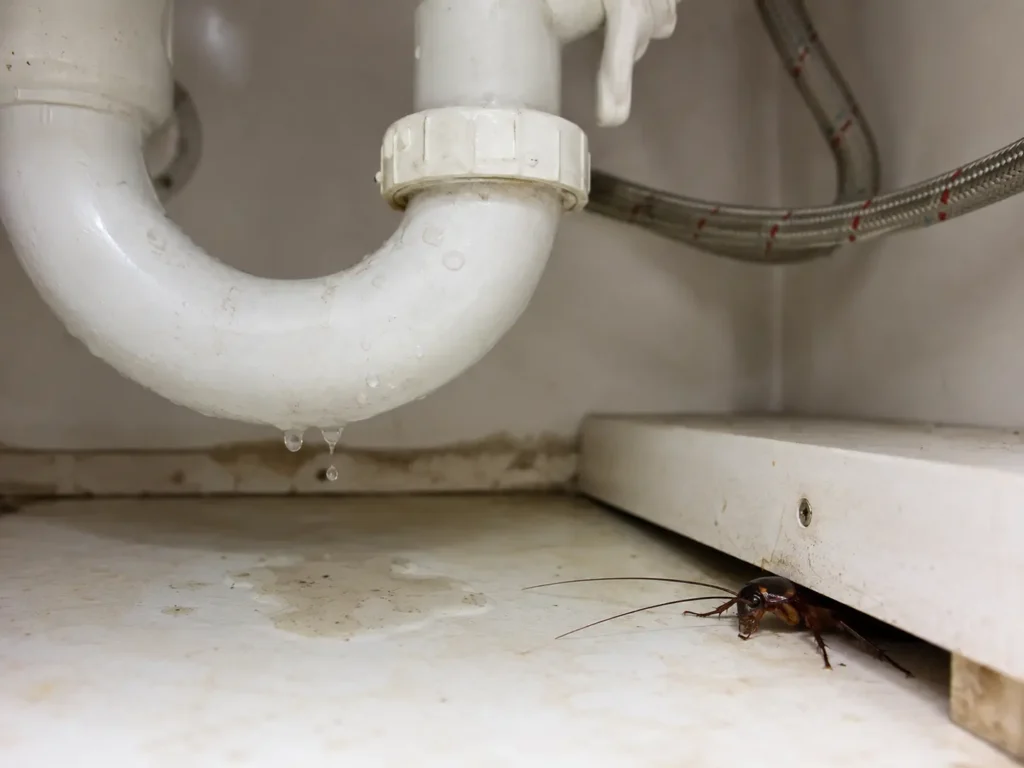 An Oriental roach water bug hiding under a leaking sink pipe indoors