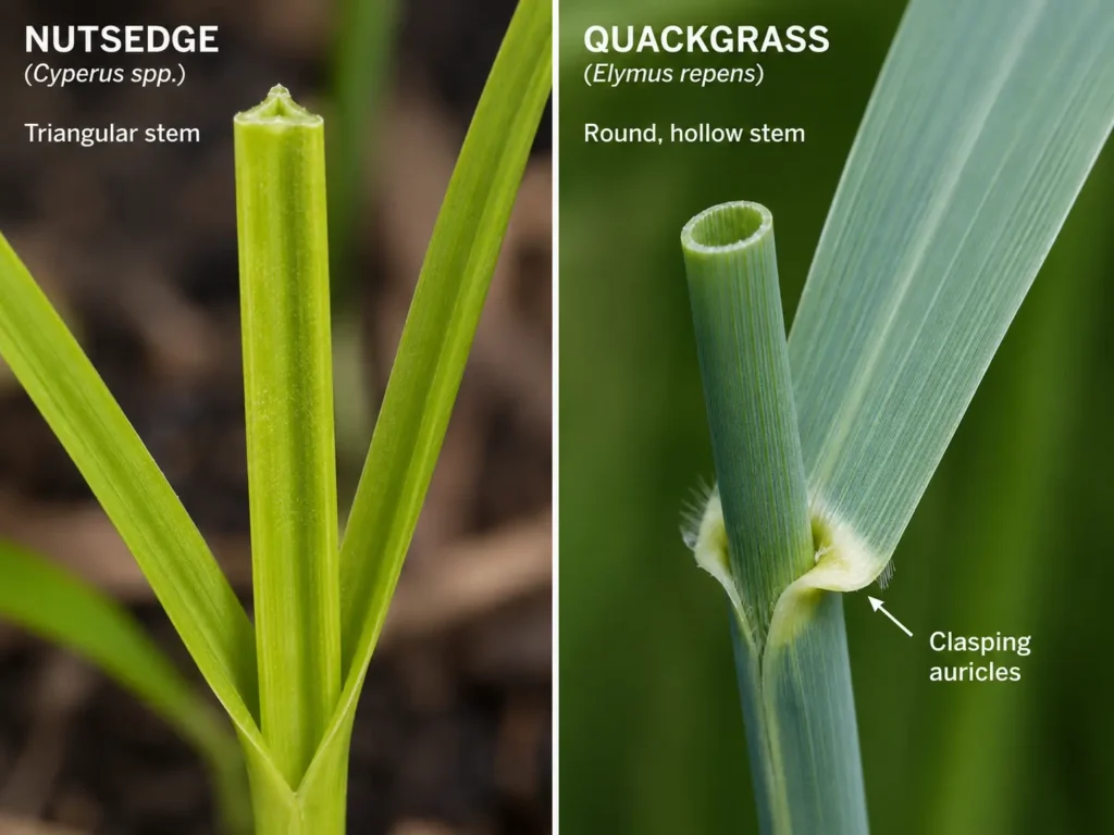 Visual comparison of a triangular nutsedge stem versus a round quackgrass stem